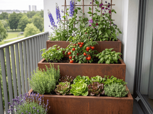 Dreistufiges Hochbeet aus Cortenstahl auf einem Balkon, bepflanzt mit Kräutern