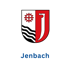 Wappen von Jenbach mit Zahnrad, rotem Kreuz und weißem J-förmigen Haken; Text "Jenbach" darunter.