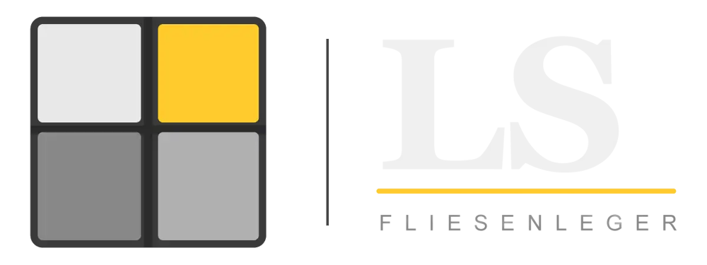 Logo mit vier Quadraten (weiß, gelb, zwei Grautöne) und Text "LS Fliesenleger" auf grünem Hintergrund.