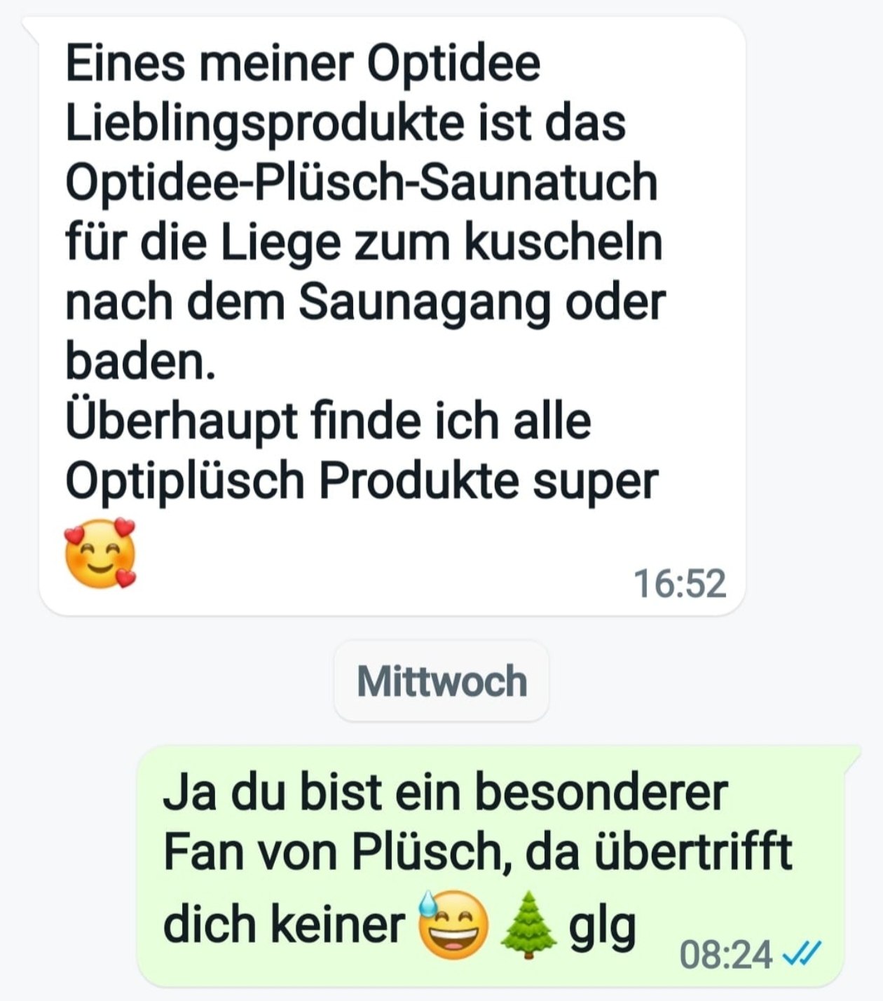 WhatsApp-Nachricht einer Kundin über das Plüsch-Saunatuch