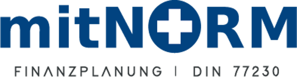 Logo "mitNorm" mit weißem Kreuz in blauem Kreis; darunter "FINANZPLANUNG | DIN 77230".