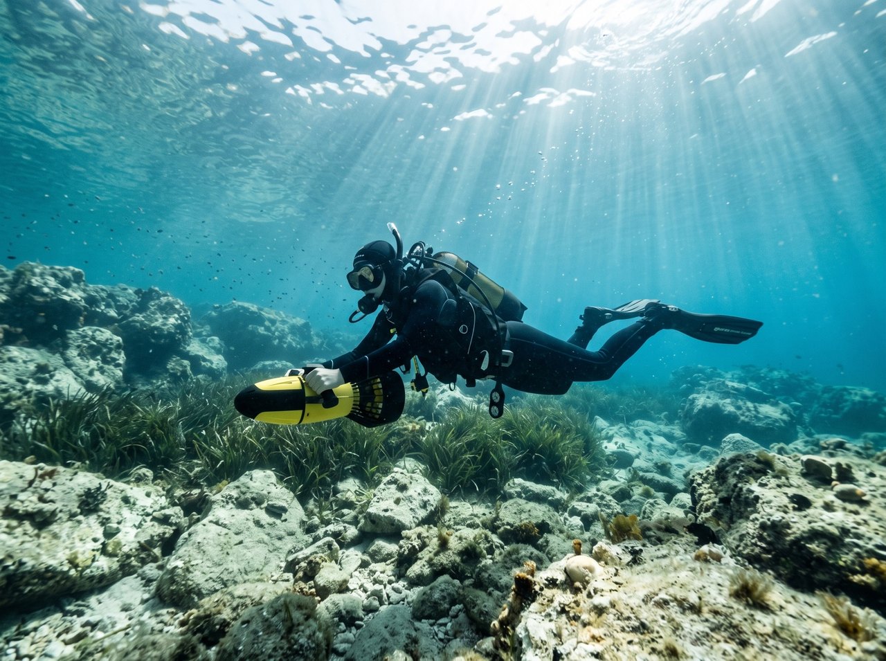 Diver gliding over the seabed holding an underwater sea scooter