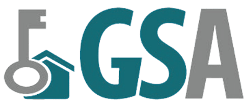GSA Logo, Schlüssel, Haussymbol und die Buchstaben „GSA“ in Blau und Grau.