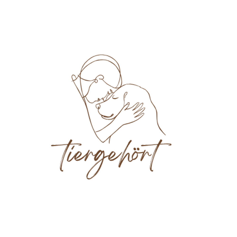 Eine Person umarmt einen Hund, darunter der Schriftzug "Tiergehört".