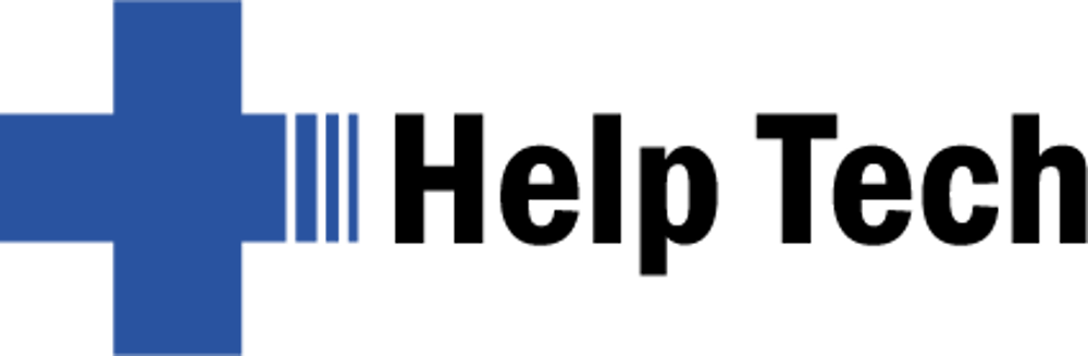 Blaues Kreuzsymbol neben dem schwarzen Text "Help Tech".