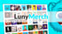 LunyMerch-Logo vor einem Raster mit 30 kleinen Profilbildern und einem blauen Monsterkopf.
