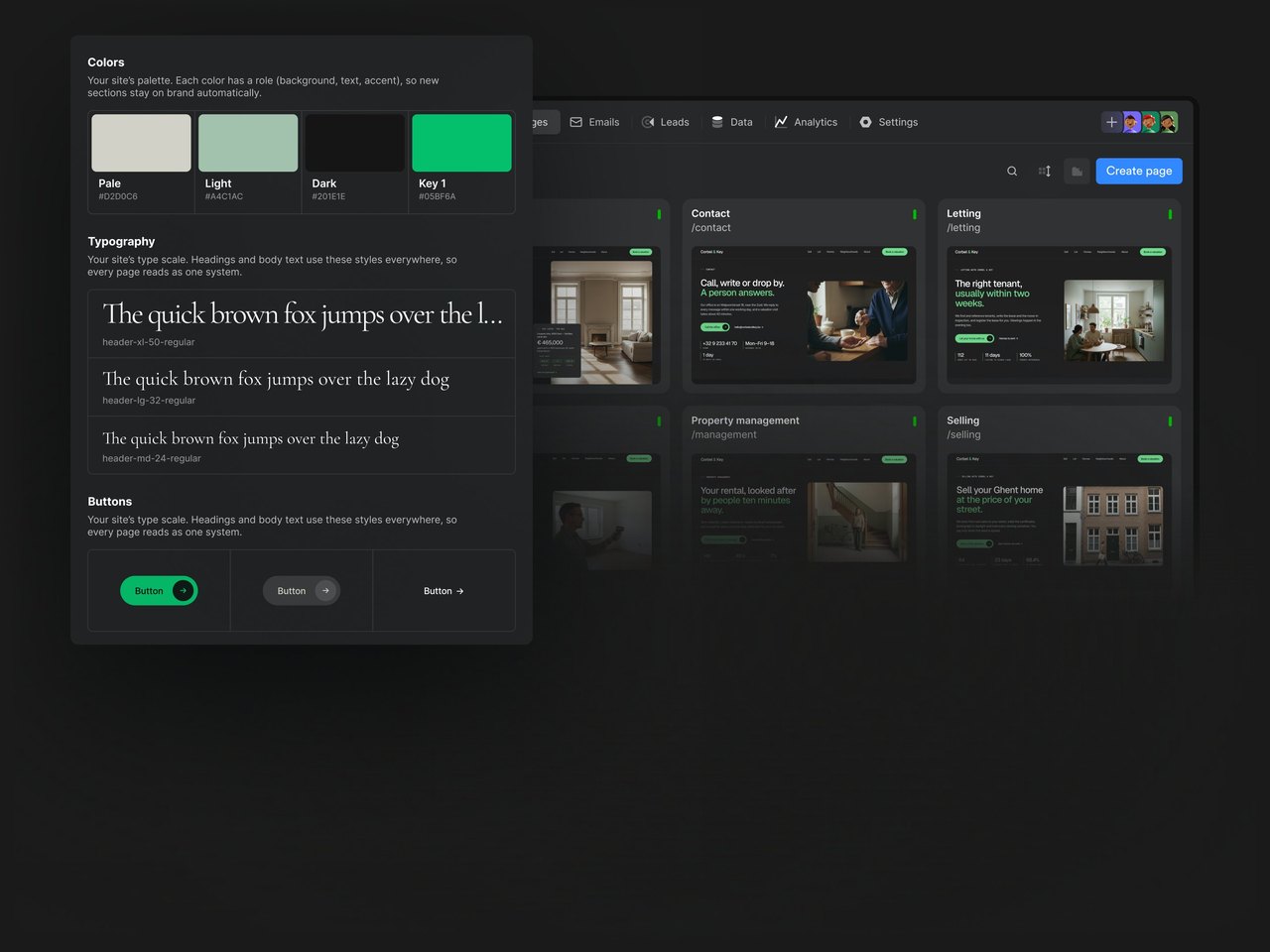 Site style panel next to the list of service pages in the builder