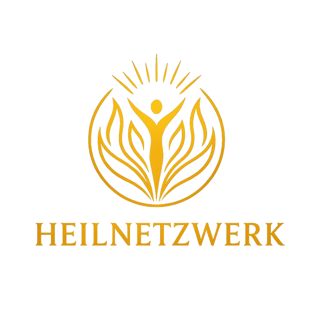 Goldenes Logo mit stilisierter Person in Flammenform, oben Lichtstrahlen, darunter "HEILNETZWERK" auf grünem Hintergrund.
