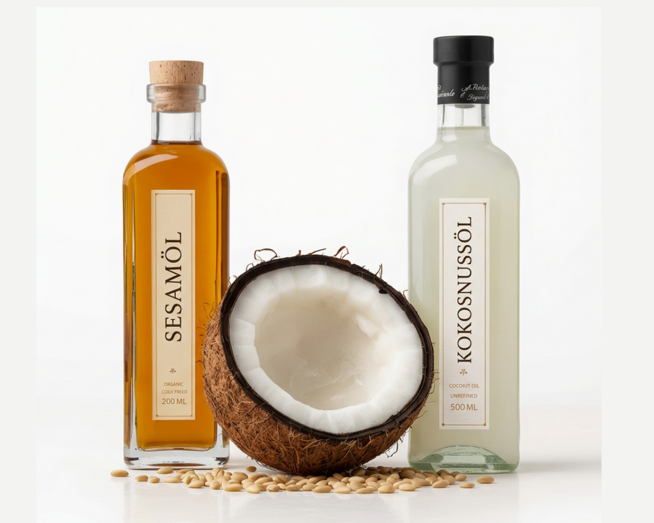 Arrangement of sesame oil, coconut oil, open coconut and sesame seeds on stone