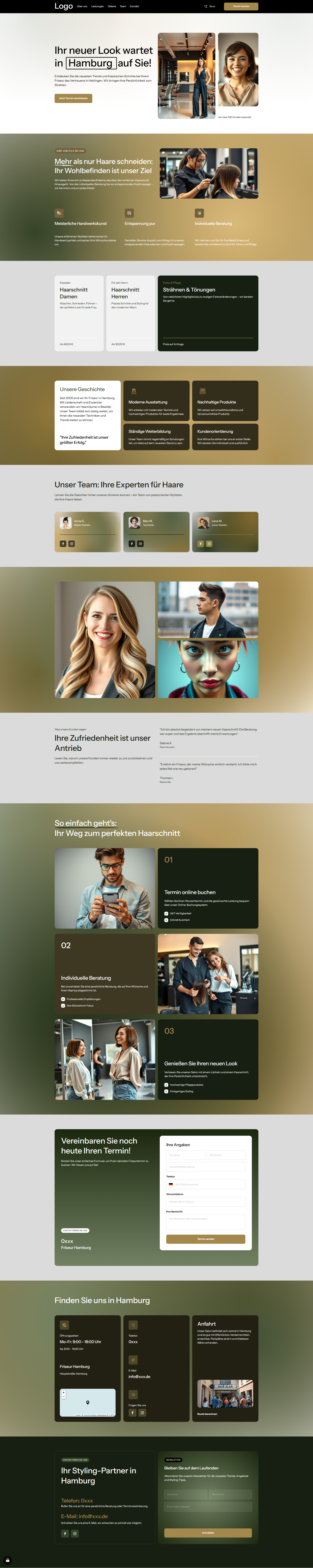 Zu sehen ist die fiktive Webseite von einem Friseur aus Hamburg. Alle gezeigten Inhalte wie Bilder, Personen und Texte haben keinen realen Bezug und sind KI generiert.
