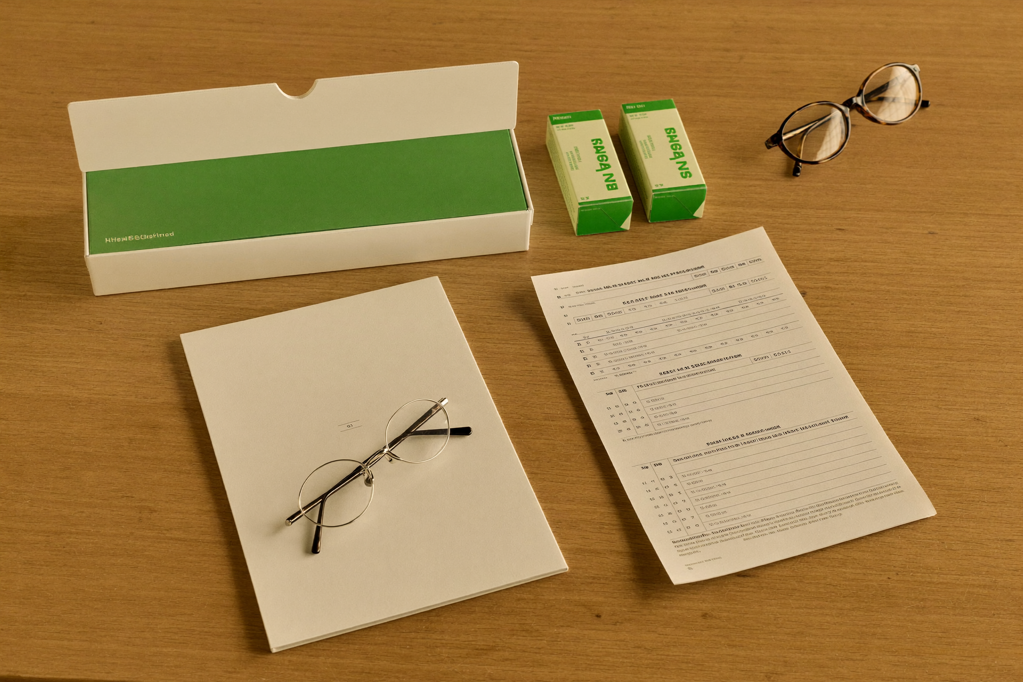 Medikationsplan, Wochendosierer und Tablettenschachteln auf einem Holztisch