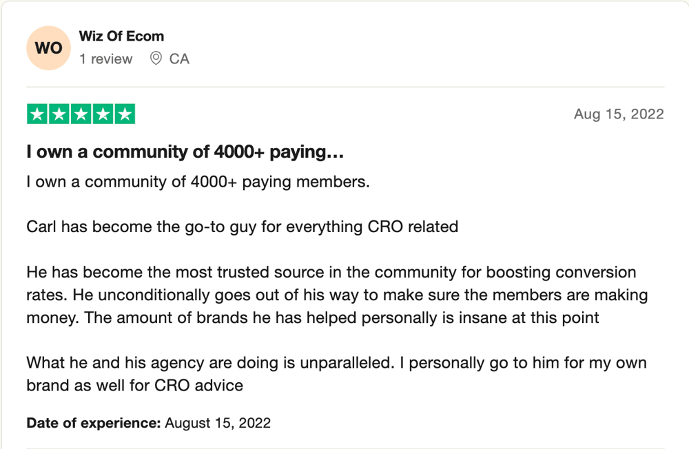 Trustpilot review by Wiz Of Ecom, five stars