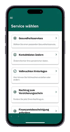 Smartphone zeigt App mit "Service wählen" und Optionen wie "Gesundheitsservices" und "Kontaktdaten ändern".