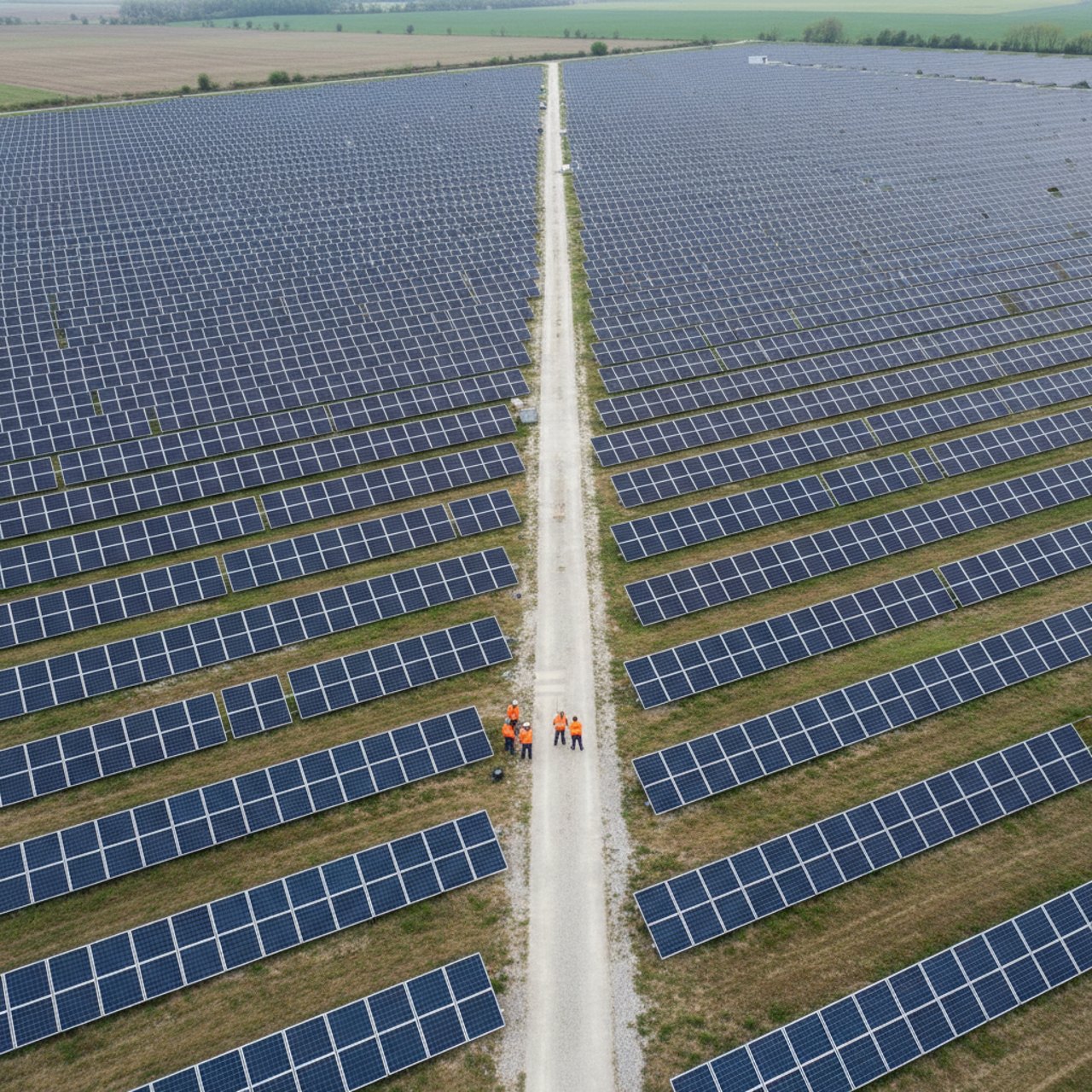Freiflächen-Photovoltaikanlage mit langen Modulreihen auf offenem Gelände