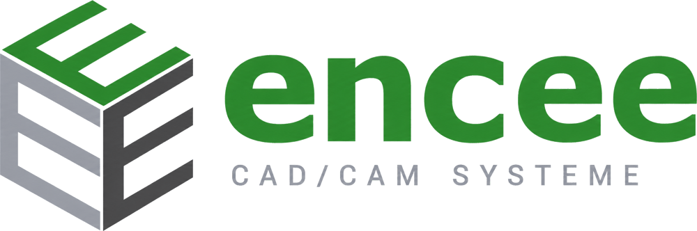encee Logo mit 3D-Würfelgrafik und dem Text "encee CAD/CAM SYSTEME" auf schwarzem Hintergrund.