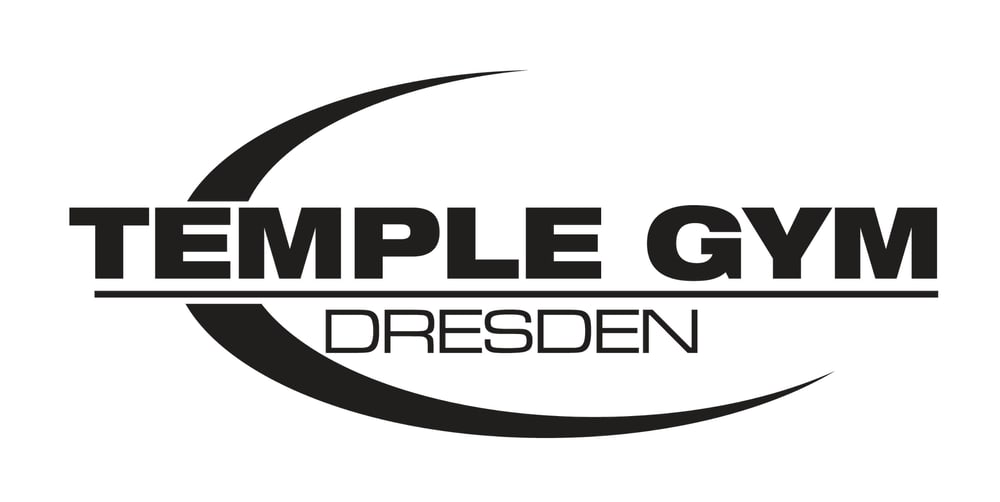 Schwarzes Logo mit den Worten "TEMPLE GYM" über einer Linie und "DRESDEN" darunter, umgeben von zwei Halbmondformen.