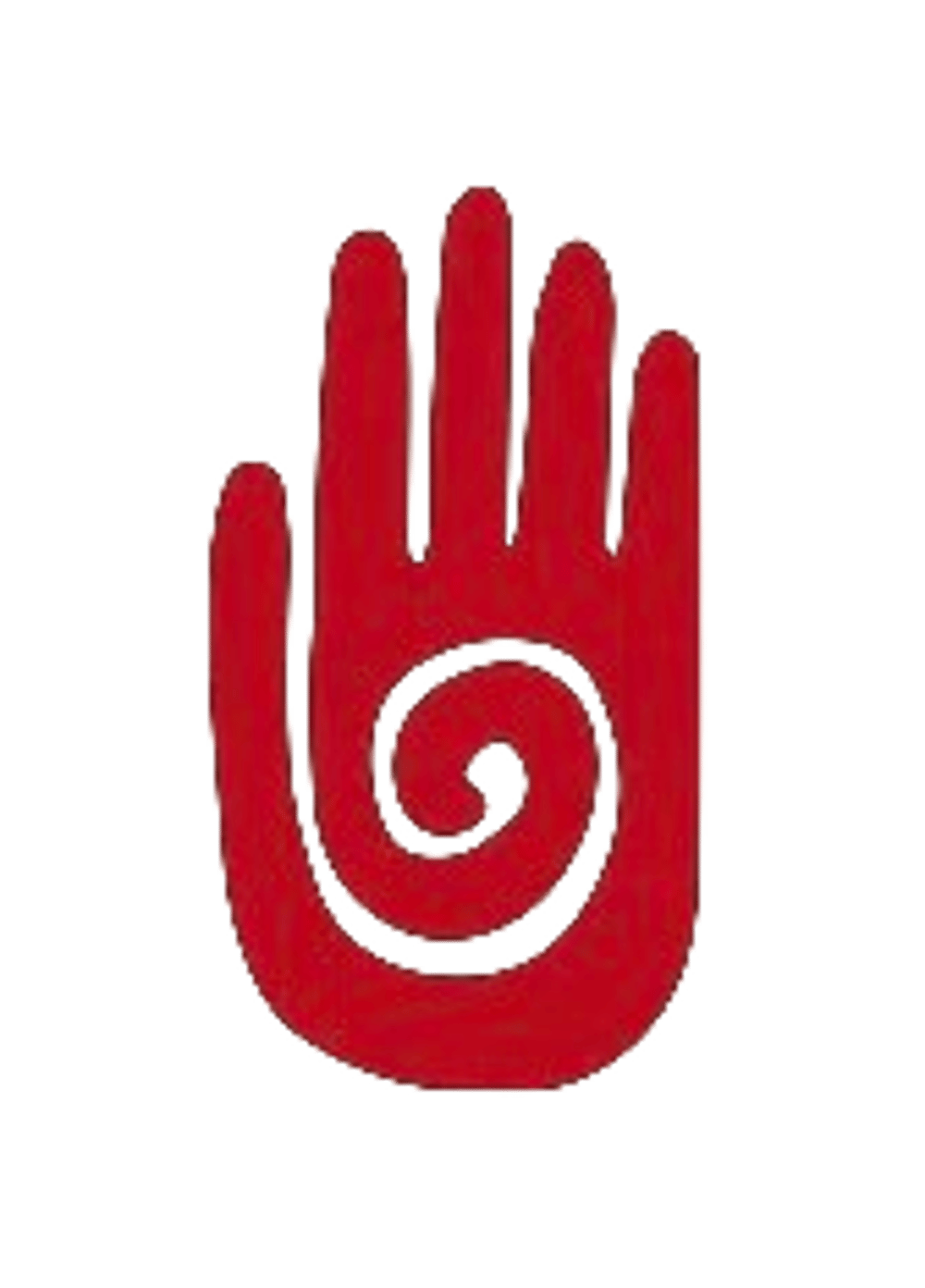 Rote Handfläche mit vier Fingern und einem Daumen, in der Mitte ein schwarzes Spiralmuster.