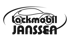 Schwarzes Logo mit stilisiertem Auto und den Worten „Lackmobil JANSSEN“ auf dunkelgrünem Hintergrund.
