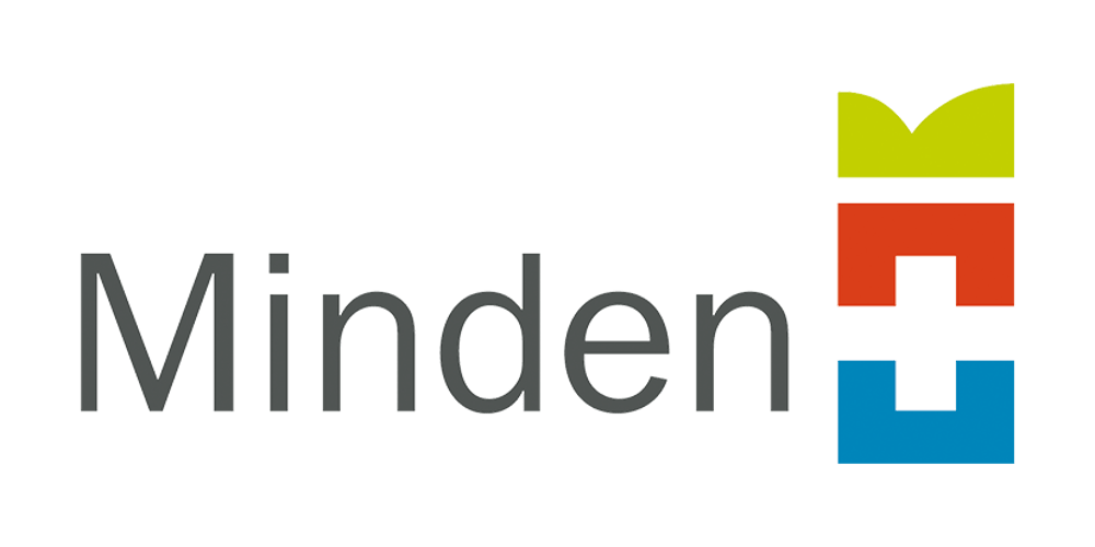 Logo von Minden mit dem Schriftzug "Minden" und einem Symbol aus gelben, roten und blauen Formen.