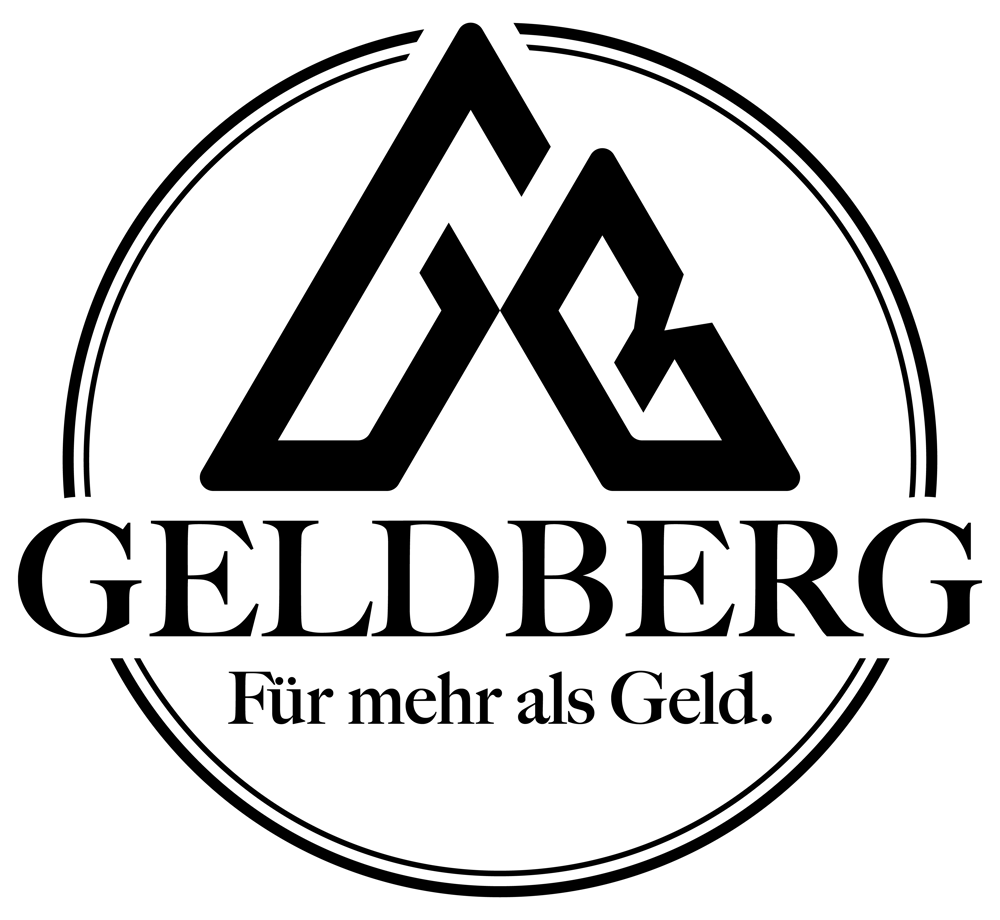 GELDBERG Logo: Schwarzer Kreis mit stilisierten A- und G-Bergen, darunter "GELDBERG" und "Für mehr als Geld."
