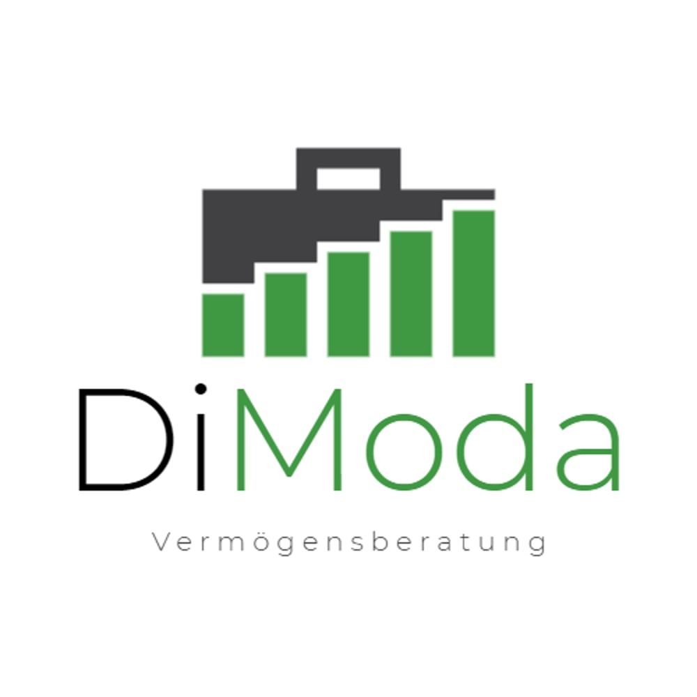 Graues Aktenkoffer-Symbol mit grünen Balkendiagrammen, darunter "DiModa Vermögensberatung" in Schwarz und Grau.