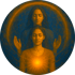 Zwei Frauen mit geschlossenen Augen, eine hinter der anderen, mit einem leuchtenden orangefarbenen Kreis um sie herum.