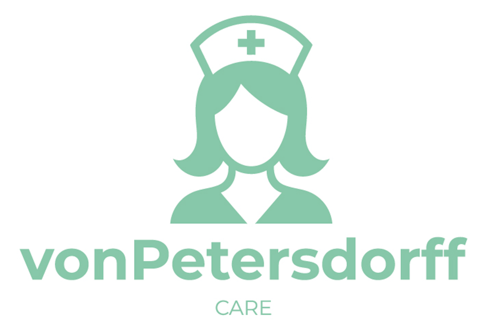 Grüne Illustration einer Krankenschwester mit Haube und einem Kreuz, darunter der Text "vonPeterdorff Care".