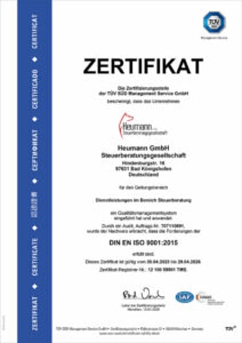 Zertifikat für Heumann GmbH Steuerberatungsgesellschaft, ausgestellt vom TÜV SÜD Management Service, zertifiziert nach DIN EN ISO 9001:2015.