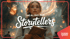 Young woman holding a book, looking up in a futuristic city with "HEALING THE Storytellers" text.
