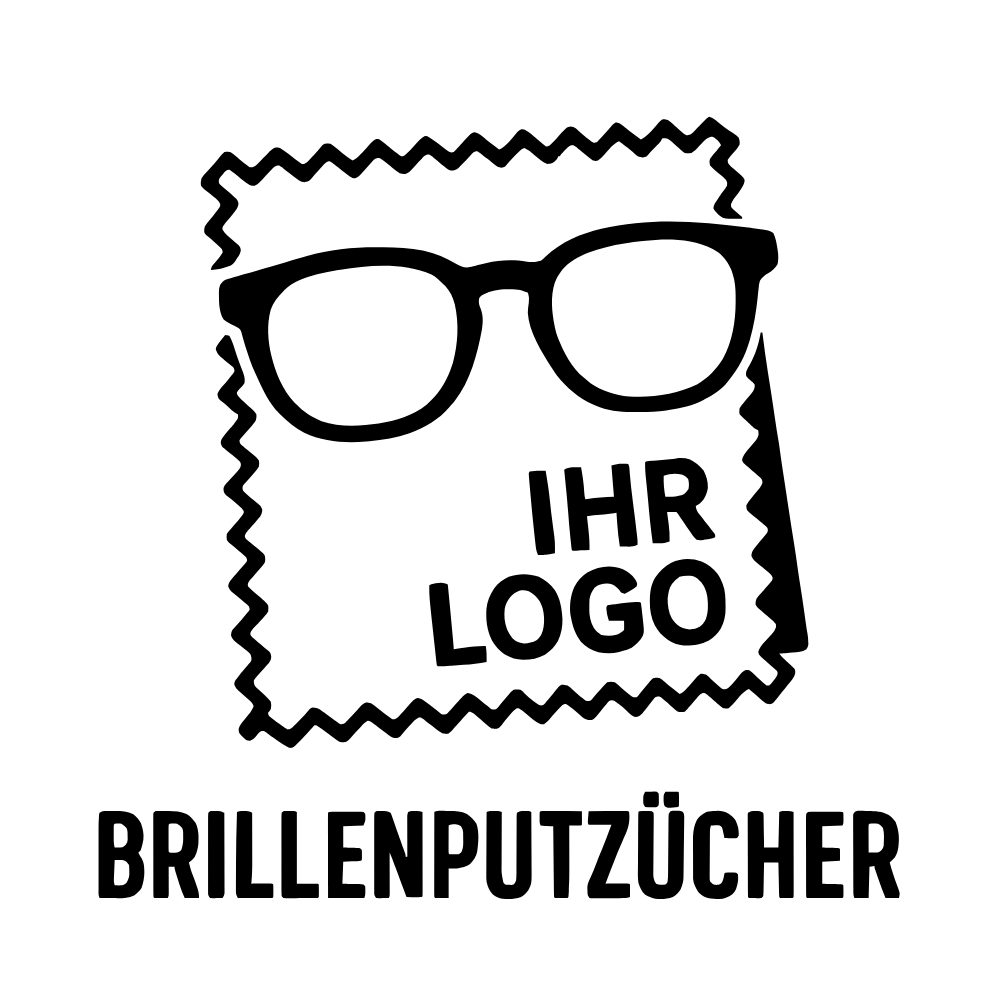 Ein Brillenputztuch mit einer Brille darauf und dem Text "IHR LOGO BRILLENPUTZTÜCHER".