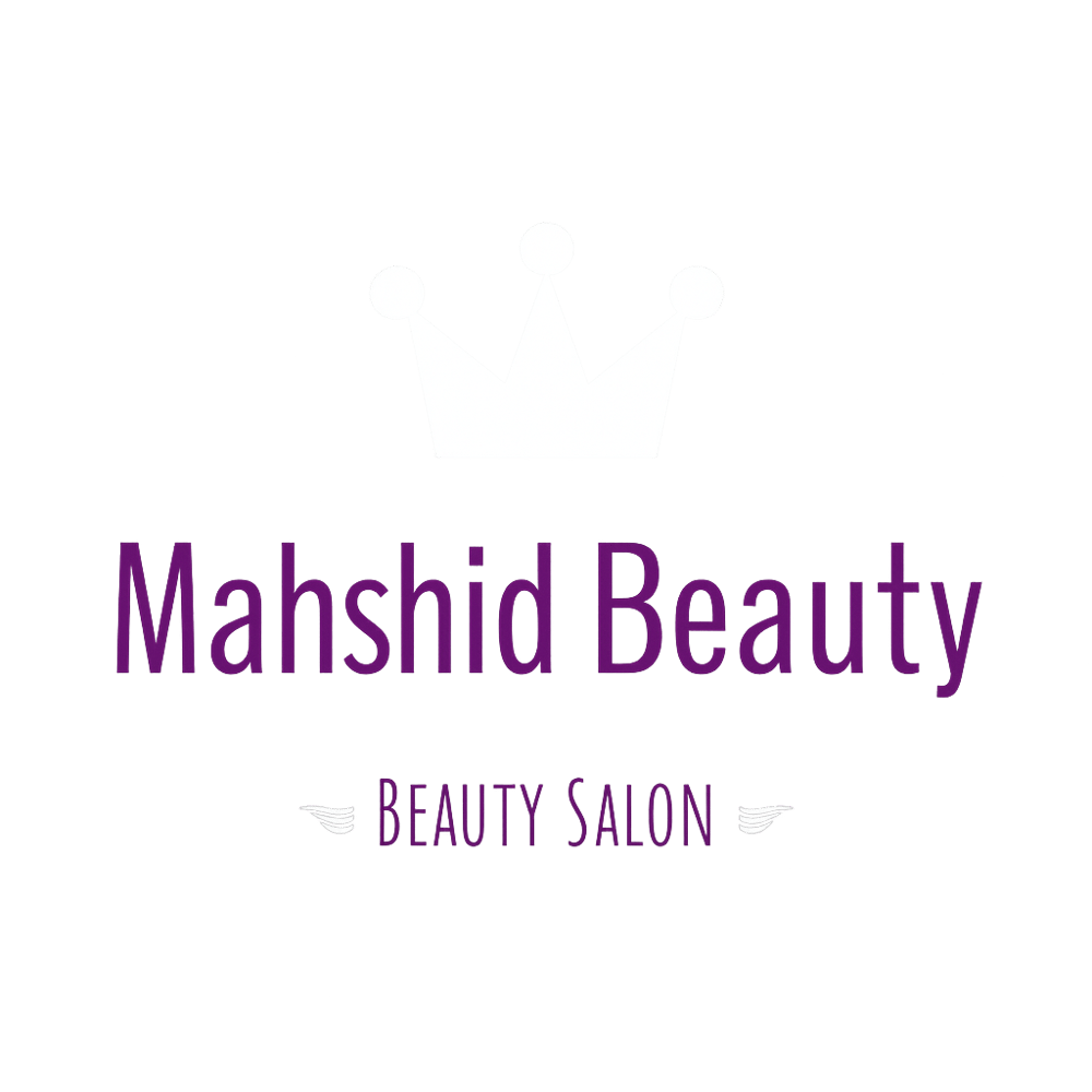 Weiße Krone über lila Text "Mahshid Beauty" und "BEAUTY SALON" auf grünem Hintergrund.