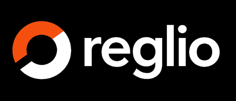 Reglio logo with an orange and white circular symbol resembling a magnifying glass.
