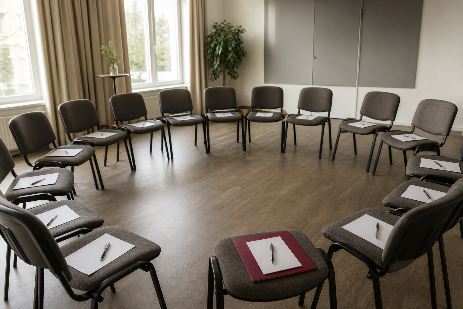 Seminarraum mit Antreiber-Fragebogen auf den Stühlen, Thema innere Antreiber