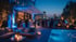Eine Firmenfeier bei Nacht mit Menschen, die sich auf einer Terrasse bei einem Pool unterhalten, beleuchtet von blauem Licht.