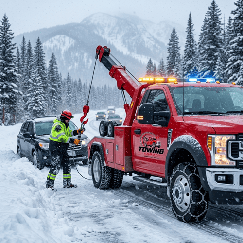 Towing Sandy snow and ice recovery service assisting a vehicle stuck in deep snow while a tow operator prepares a winch recovery on a winter roadway.