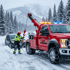 Towing Sandy snow and ice recovery service assisting a vehicle stuck in deep snow while a tow operator prepares a winch recovery on a winter roadway.