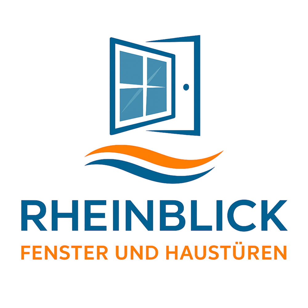 Blaues Logo mit geöffnetem Fenster und Tür über orangefarbenen Wellen, darunter „RHEINBLICK FENSTER UND HAUSTÜREN“.