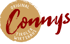 Rundes goldbraunes Logo mit roter Schrift "Connys" und weißem Text "Original Tiroler Wirtshaus".