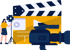 Eine Frau filmt mit einer Kamera, Filmklappe, Videoplayer und Scheinwerfer.