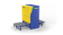 Yellow and blue Masa industrial machine with roller conveyors on a dark green background.