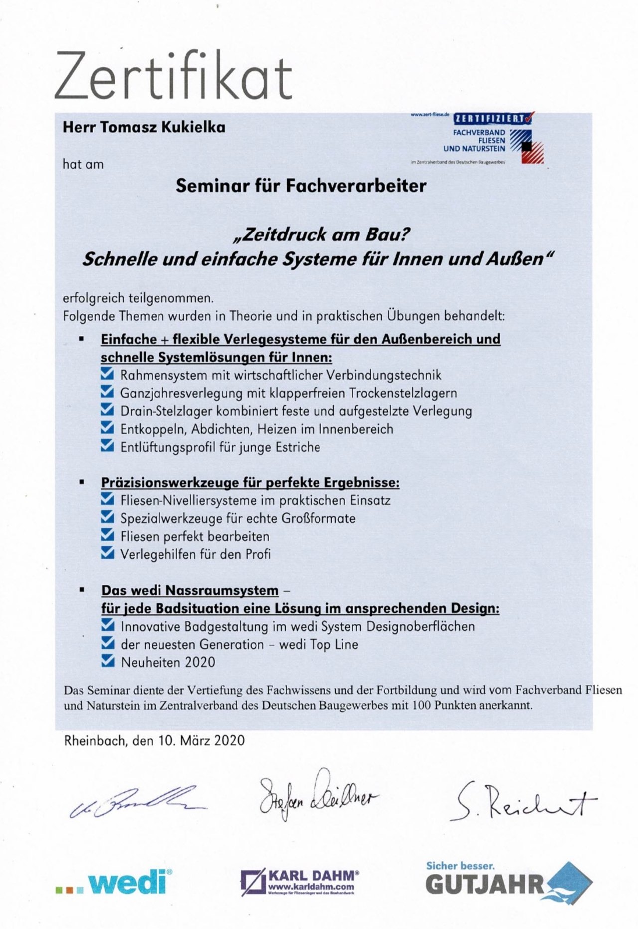 Fachverband Fliesen und Naturstein, zertifizierter Fachverarbeiter