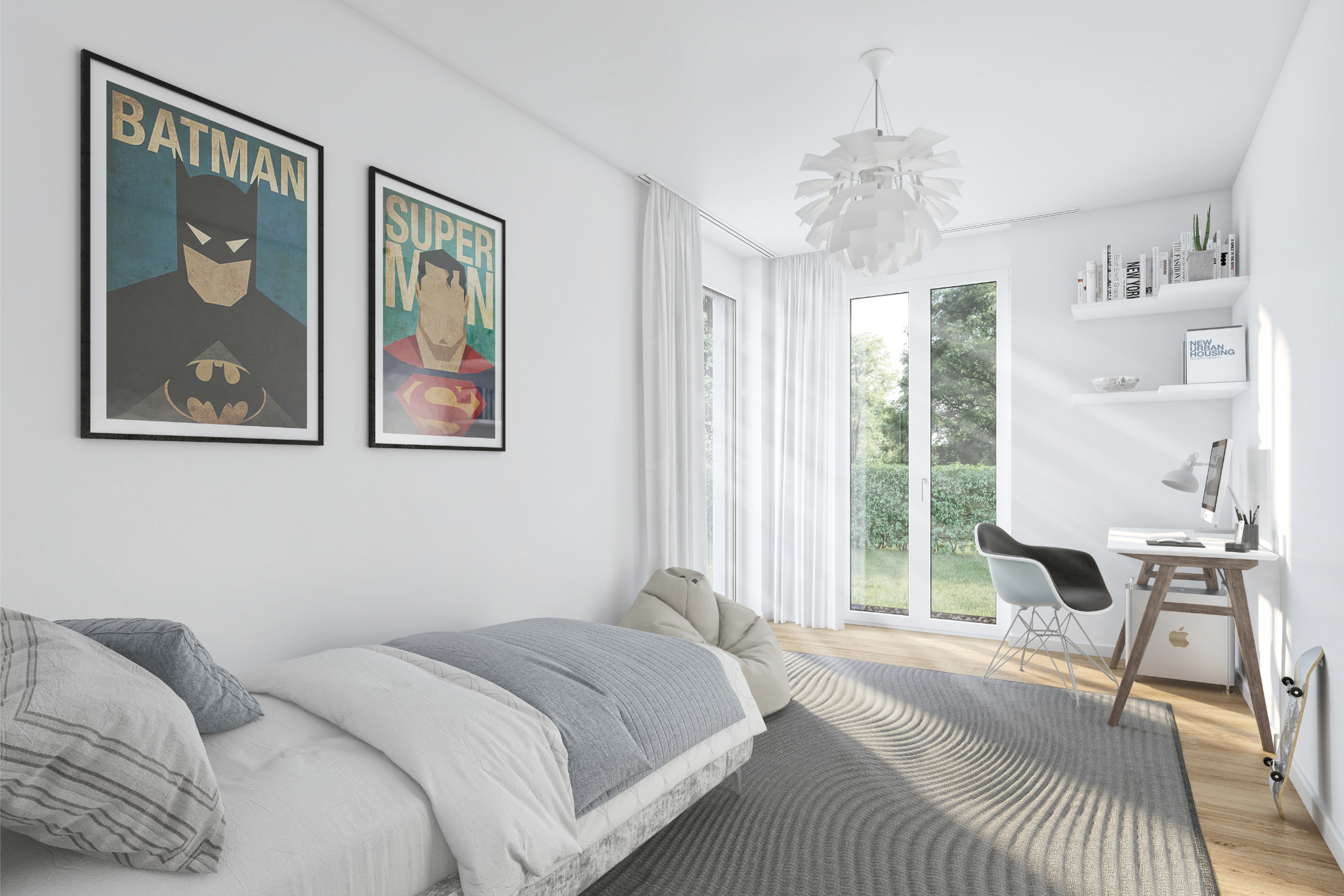 Kinderzimmer mit bodentiefem Fenster und Schreibtischbereich