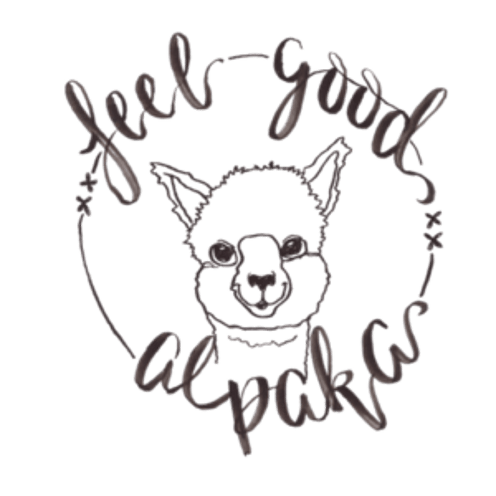 Strichzeichnung eines Alpakas mit dem geschwungenen Schriftzug feel good alpakas auf schwarzem Hintergrund.