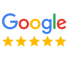 Google-Logo mit fünf goldenen Sternen, die eine Fünf-Sterne-Bewertung darstellen.