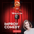 A woman smiling next to a vintage microphone on a stage with red curtains. Text: IMPROV COMEDY SESSION.