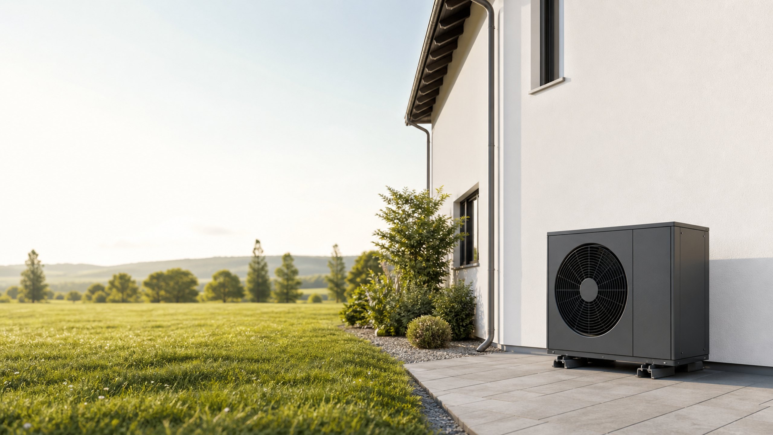 Modernes Wohnhaus mit installierter Wärmepumpe