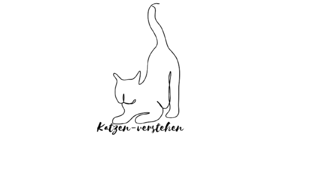 Minimalistische One-Line-Zeichnung einer Katze, die den Schwanz freudig in die Luft hebt. Darunter der Schriftzug "Katzen-verstehen."