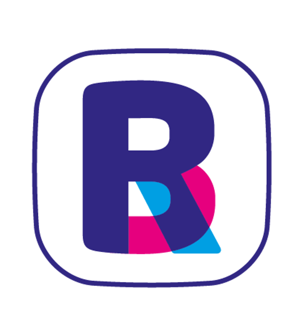Blaues B-Logo mit rosafarbener und hellblauer Akzentuierung, umgeben von einem weißen und violetten Rahmen. Logo des Unternehmens BRAINRESERVE mit Sitz in Puhlheim.
