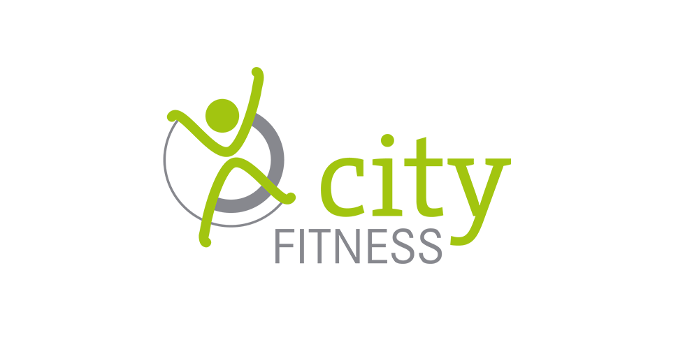 Logo "City Fitness" mit springender Person in einem Kreis auf grünem Hintergrund.