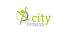 City Fitness Logo mit tanzender Figur und Text "city fitness" in Grün und Grau.